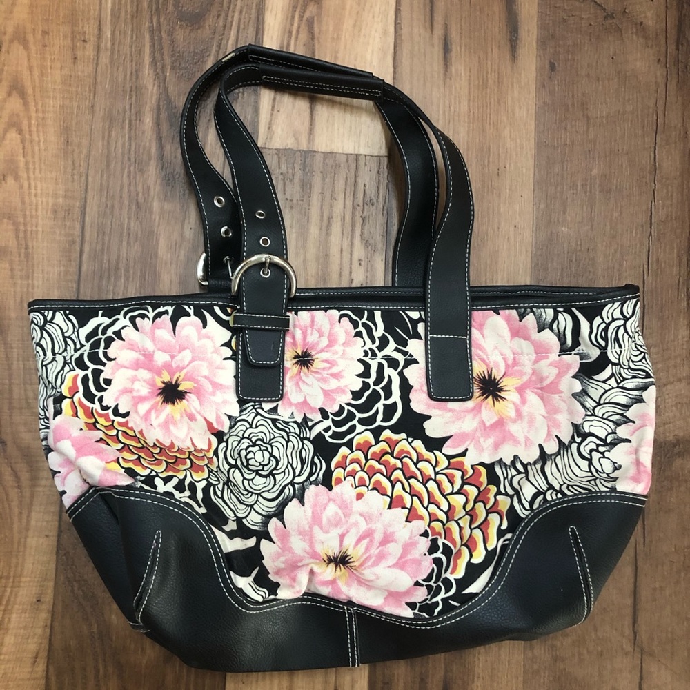 Black Multicolor Floral Shoulder Strap Tote